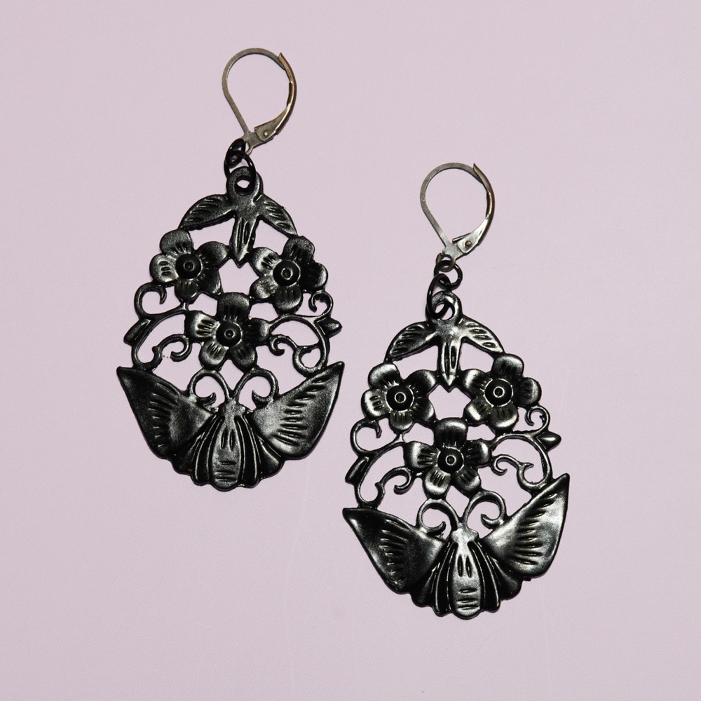 Moth Flowers Goth Chandelier Earrings
